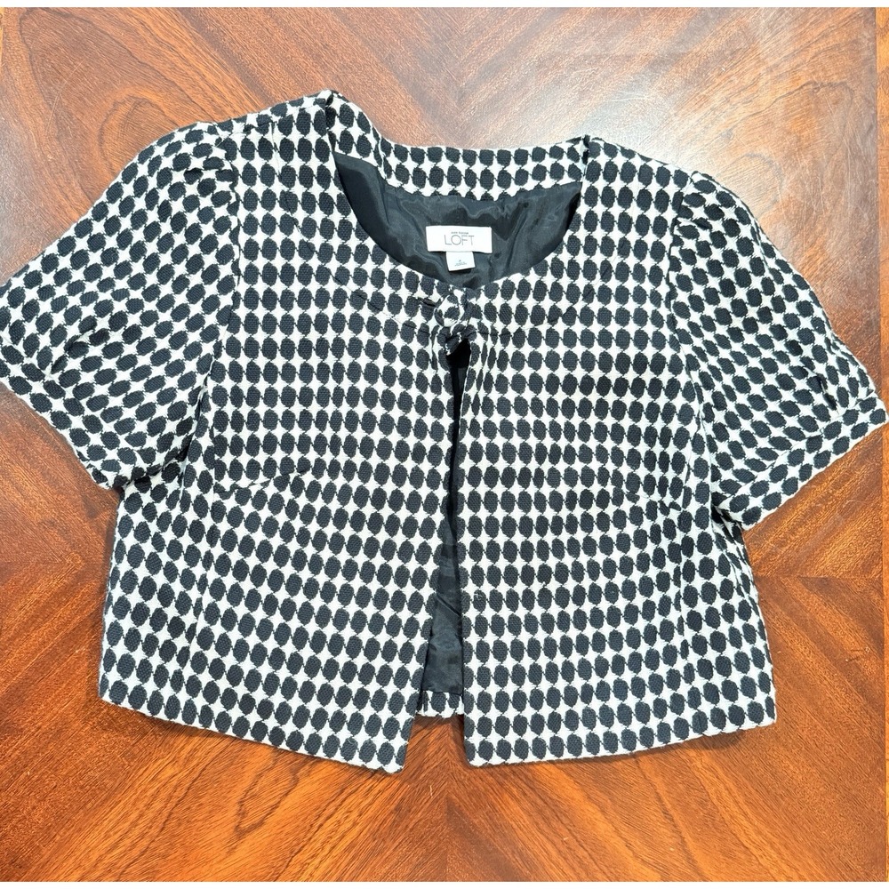 Ann Taylor LOFT Womens Cropped Jacket Blazer‎ Black White Geometric Print Size 4